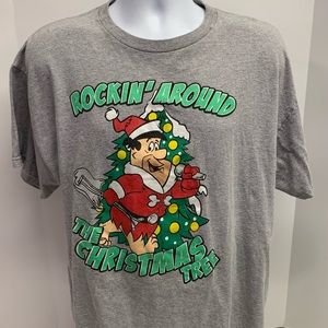Hanna Barbara Fred Flintstone Rockin Around The Christmas Tree Gray Shirt Sz XL